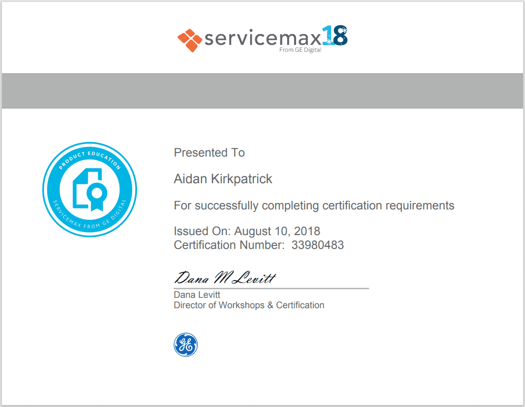 ServiceMax Certified Administrator - 2018 - Aidan Kirkpatrick - Kirkpatrick Consult Limtied